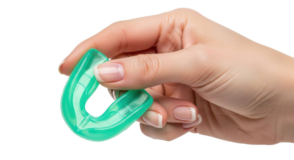 Isolated sports mouth guard dental protection held by hand, clear material teeth safety